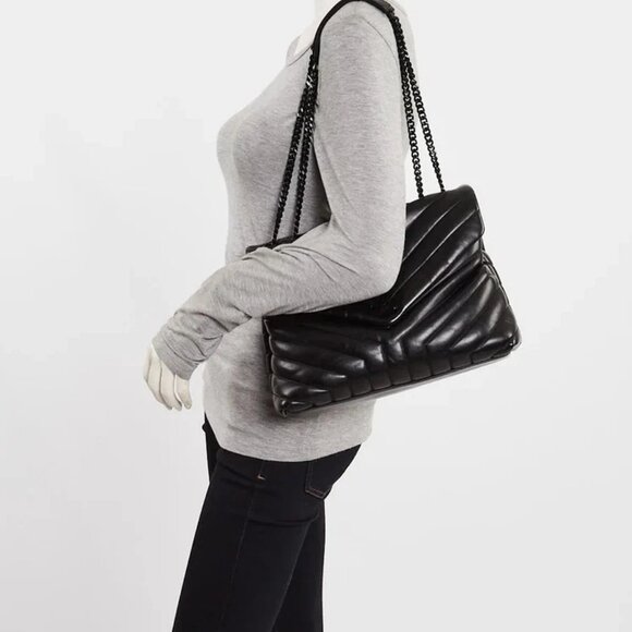 Yves Saint Laurent Black Chevron Quilted Leather Medium LouLou Bag - Picture 2 of 12